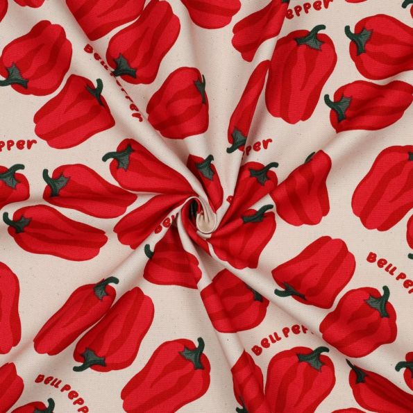 Tissu Toile de Coton Canvas Poivrons rouges sur fond Ecru - Par 10 cm