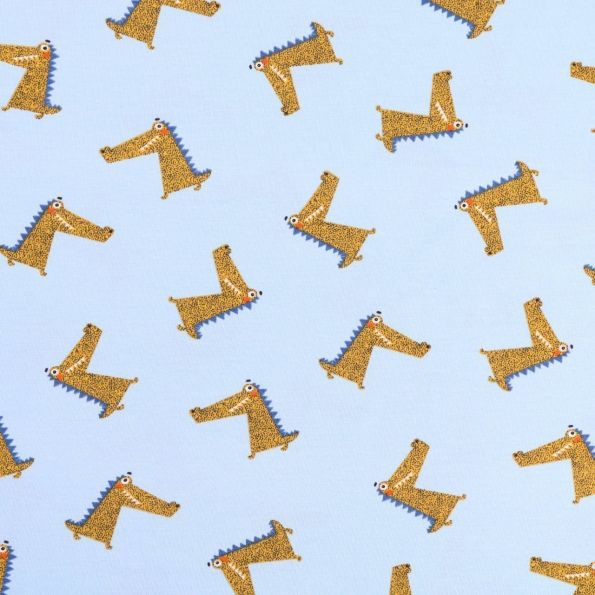 Tissu Jersey Coton Crocodiles verts et bleus sur fond Bleu ciel - Par 10 cm