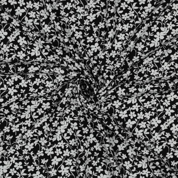 Tissu Viscose imprimé Petites fleurs Blanche sur fond Noir - Par 10 cm