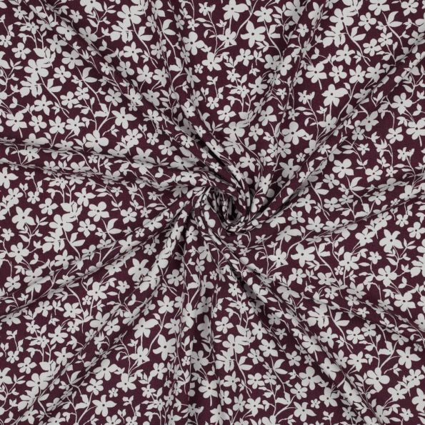 Tissu Viscose imprimé Petites Fleurs Blanche sur fond Bordeaux foncé - Par 10 cm