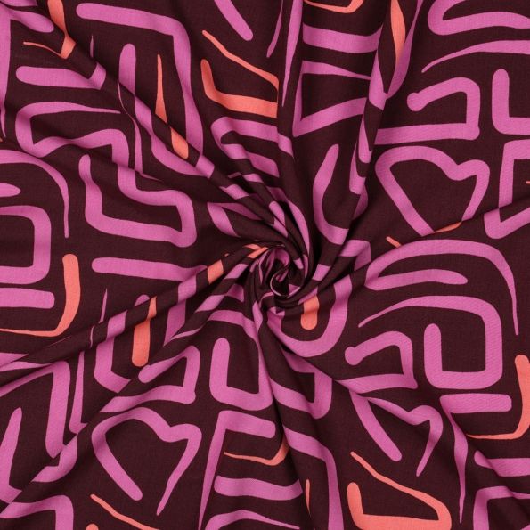 Tissu Viscose imprimé motifs abstraits Rose et Corail sur fond Bordeaux foncé - Par 10 cm