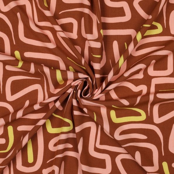 Tissu Viscose imprimé motifs abstraits Saumon et Jaune sur fond Terracotta - Par 10 cm