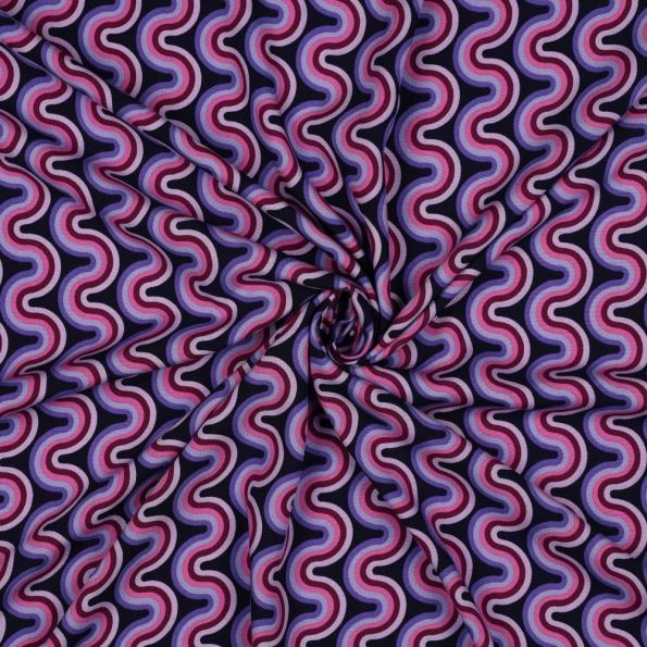 Tissu Viscose imprimé vaguelettes rétro tons Violet sur fond Noir - Par 10 cm