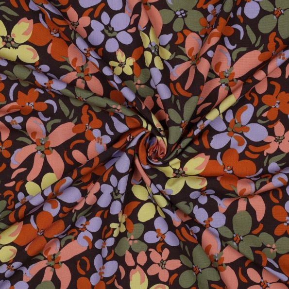 Tissu Viscose imprimé orchidées kaki sur fond Noir - Par 10 cm