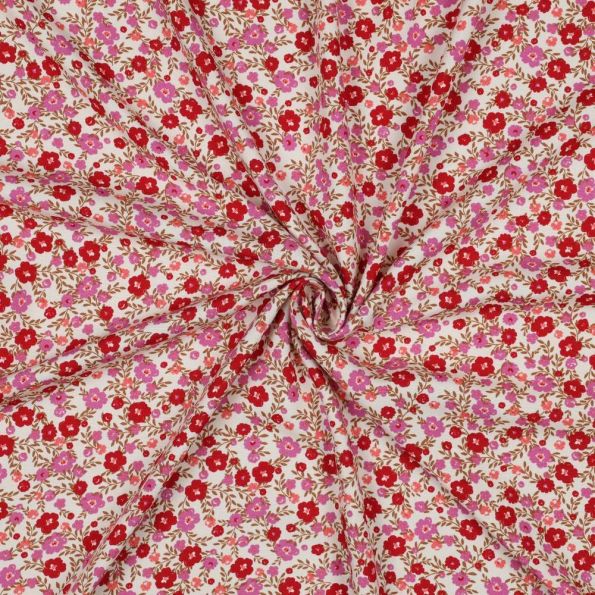 Tissu Viscose imprimé Petites fleurs Rose et Rouge sur fond Ecru - Par 10 cm