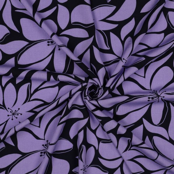 Tissu Viscose imprimé Grandes fleurs Lila sur fond Noir - Par 10 cm