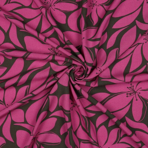 Tissu Voile de Viscose imprimé Grandes fleurs Fuschia sur fond Vert foncé - Par 10 cm
