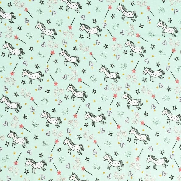 Tissu Jersey Coton Licornes et baguettes magiques Blanches et roses sur fond Vert Menthe - Par 10 cm