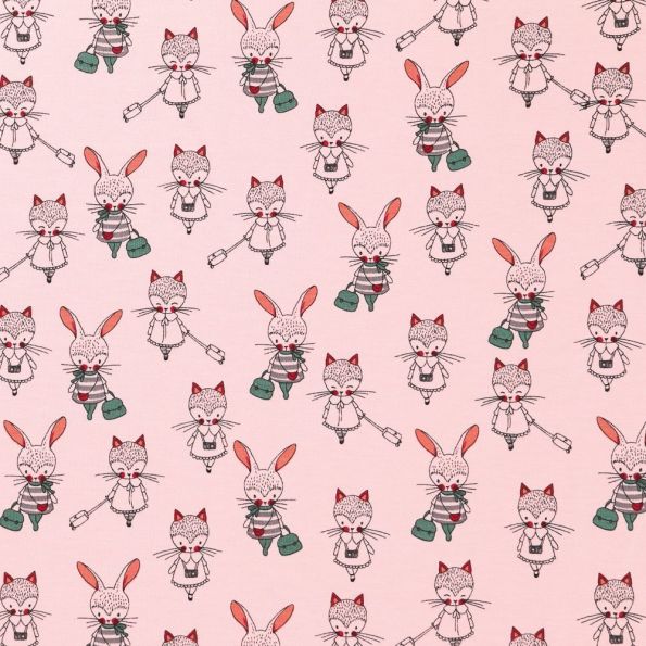 Tissu Jersey Coton Lapines et renardes Vertes et roses sur fond Rose - Par 10 cm