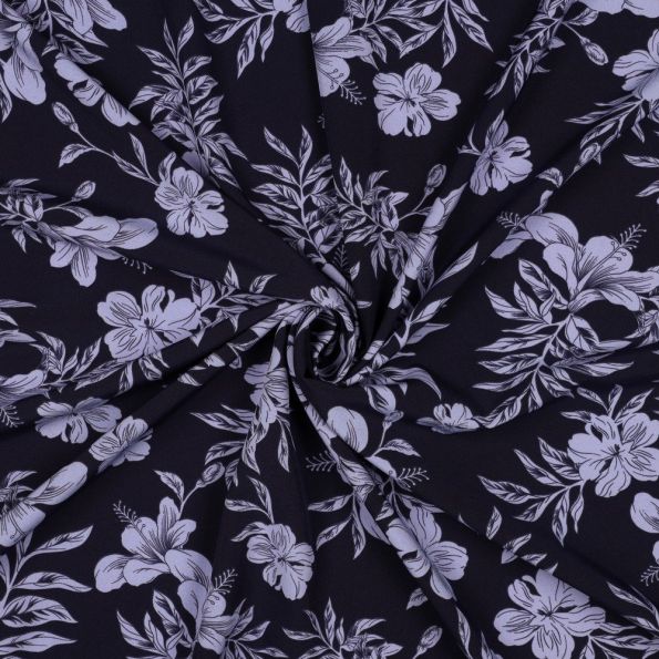 Tissu Stretch magnolia Bleu gris sur fond Bleu marine - Par 10 cm