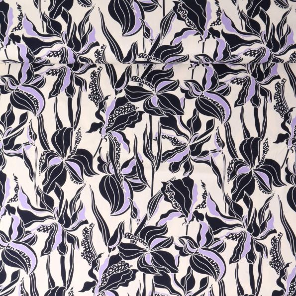 Tissu Viscose Twill extensible Rosella fleurs Noires sur fond Ecru - Par 10 cm