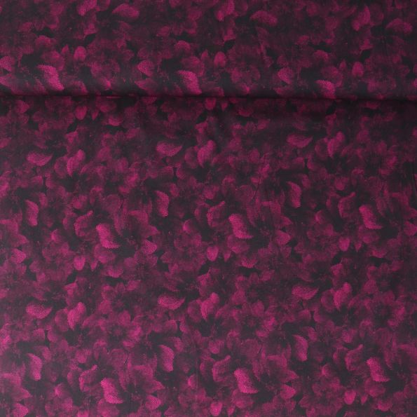 Tissu Viscose Twill extensible Louna fleurs Framboise foncé sur fond Noir - Par 10 cm