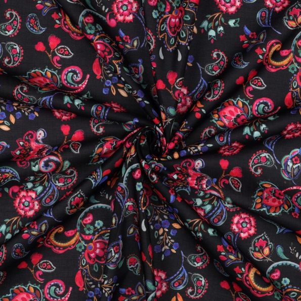 Tissu Voile de Coton digital fleurs Multicolores sur fond Noir - Par 10 cm