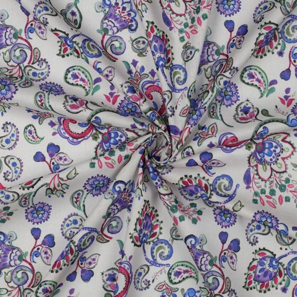 Tissu Voile de Coton digital fleurs Multicolores sur fond Blanc cassé - Par 10 cm