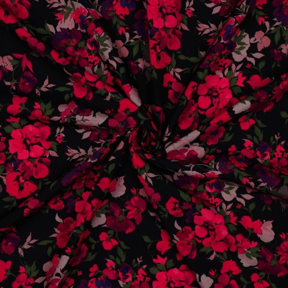 Tissu Viscose EcoVero digital fleurs Rouge sur fond Noir - Par 10 cm