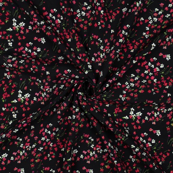 Tissu Viscose EcoVero digital petites fleurs Rouge et Blanche sur fond Noir - Par 10 cm