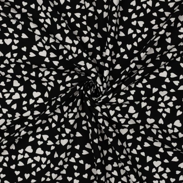 Tissu Viscose EcoVero petits coeurs Blanc sur fond Noir - Par 10 cm