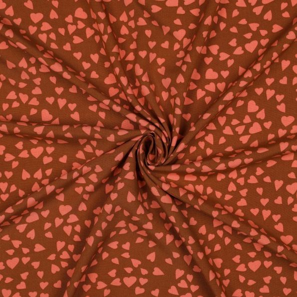 Tissu Viscose EcoVero petits coeurs Orange sur fond Terracotta - Par 10 cm