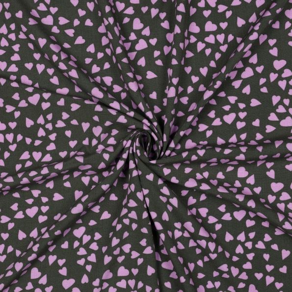 Tissu Viscose EcoVero petits coeurs Lila sur fond Noir - Par 10 cm
