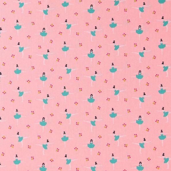 Tissu Popeline Imprimée LittleBird Danseuses Vertes sur fond Rose - Par 10 cm