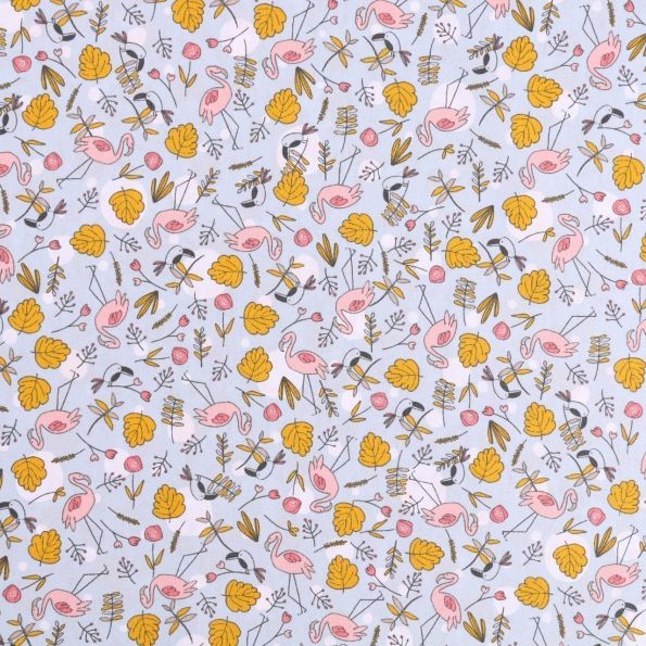Tissu Popeline Imprimé LittleBird Flamants roses et fleurs moutarde et roses sur fond Bleu ciel - Par 10 cm