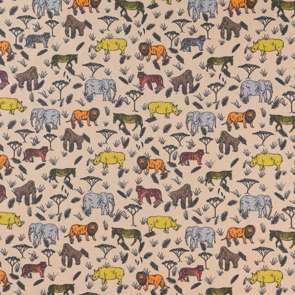 Tissu Popeline LittleBird Animaux de la Savane oranges, moutarde, gris et rouges sur fond Beige - Par 10 cm