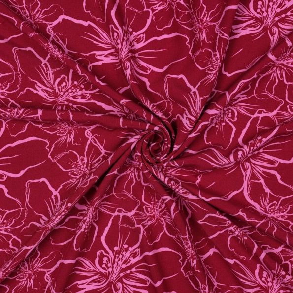 Tissu Viscose EcoVero grandes fleurs Rose sur fond Framboise - Par 10 cm