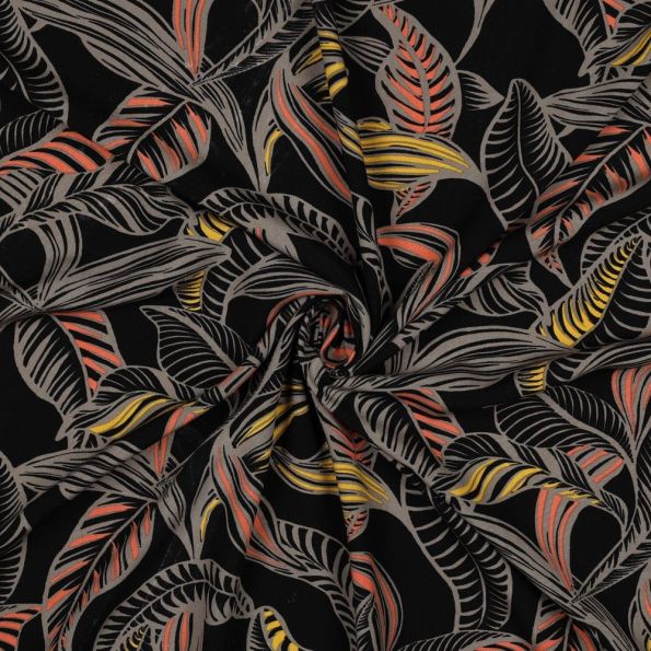 Tissu Viscose EcoVero feuilles Tropicales sur fond Noir profond - Par 10 cm