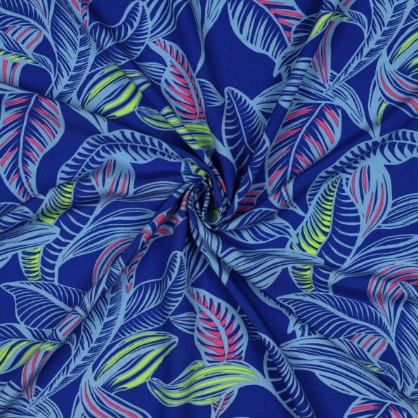 Tissu Viscose EcoVero feuilles Tropicales sur fond Bleu cobalt - Par 10 cm