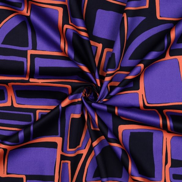 Tissu Coton satiné motifs géométrique sur fond Bleu marine - Par 10 cm