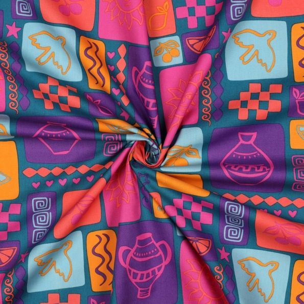 Tissu Popeline de Coton patchwork d'été sur fond Vert canard - Par 10 cm