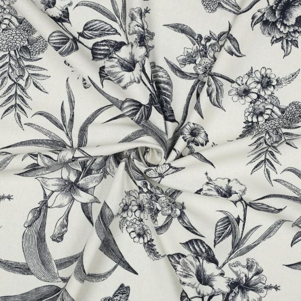 Tissu Viscose Lin grand Herbier Bleu marine sur fond Ecru - Par 10 cm