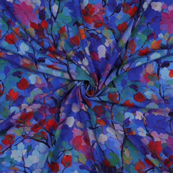 Tissu Viscose imprimé digital petites feuilles Multicolores sur fond Bleu cobalt - Par 10 cm