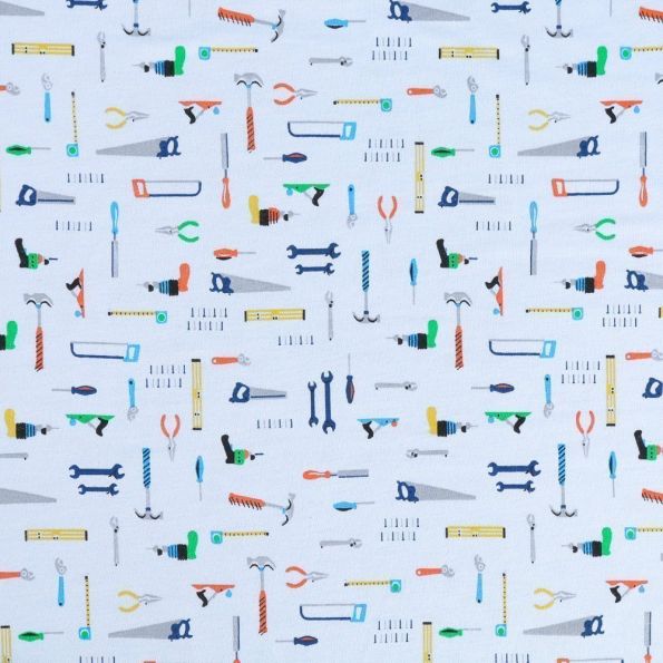 Tissu Sweat fin envers tout doux Outils de bricolage multicolores sur fond Bleu ciel - Par 10 cm