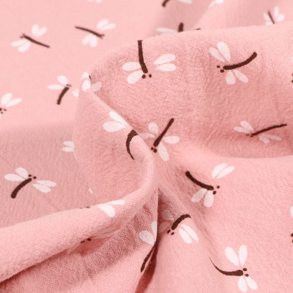 Tissu Coton lavé Libellule sur fond Rose - Par 10 cm
