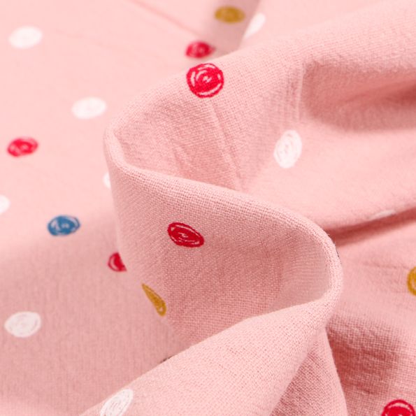 Tissu Coton lavé Pois colorés sur fond Rose - Par 10 cm