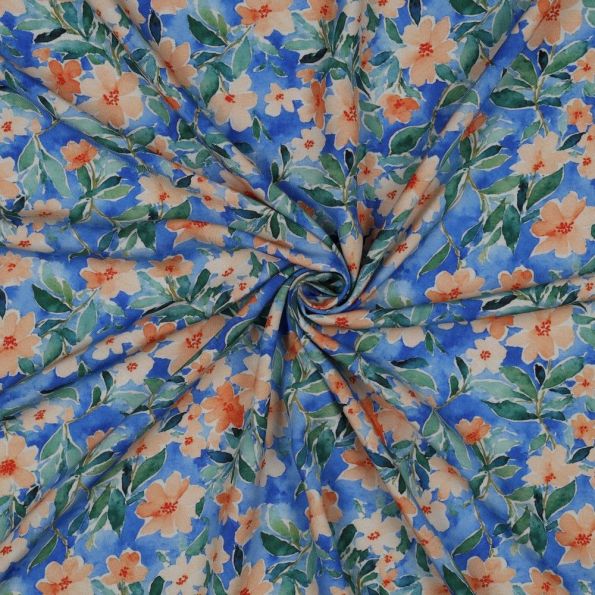 Tissu Viscose imprimé digital petites fleurs Orange sur fond Bleu azur - Par 10 cm