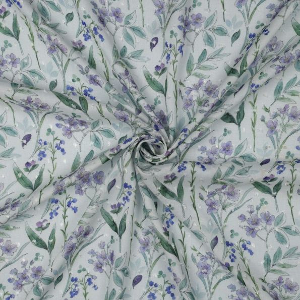Tissu Voile de Viscose Plumetis digital Fleurs de printemps sur fond Blanc - Par 10 cm