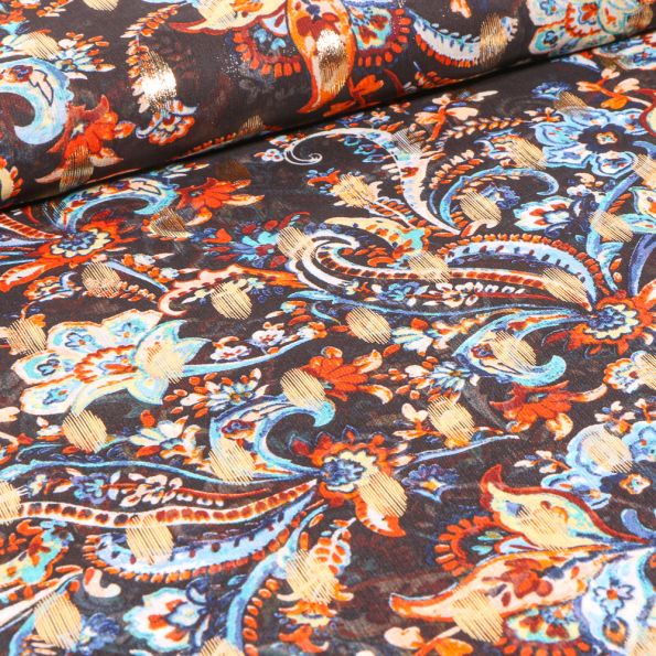 Tissu Mousseline Arabesques fleuris sur fond Noir - Par 10 cm