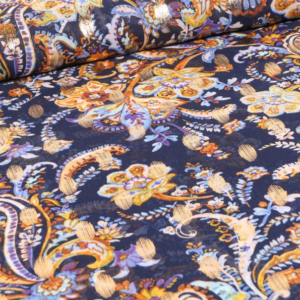 Tissu Mousseline Arabesques fleuris sur fond Bleu marine - Par 10 cm
