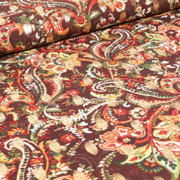 Tissu Mousseline Arabesques fleuris sur fond Marron - Par 10 cm