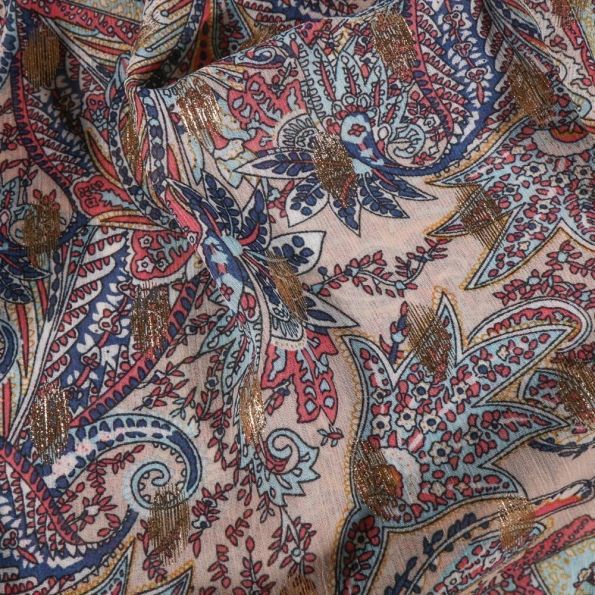 Tissu Mousseline Crépon Arabesques de fleurs et gouttes dorées sur fond Naturel - Par 10 cm