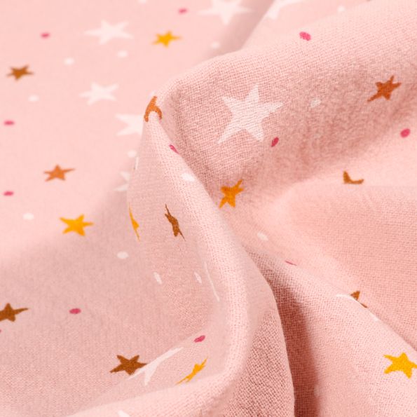 Tissu Coton lavé Etoiles et pois sur fond Rose - Par 10 cm