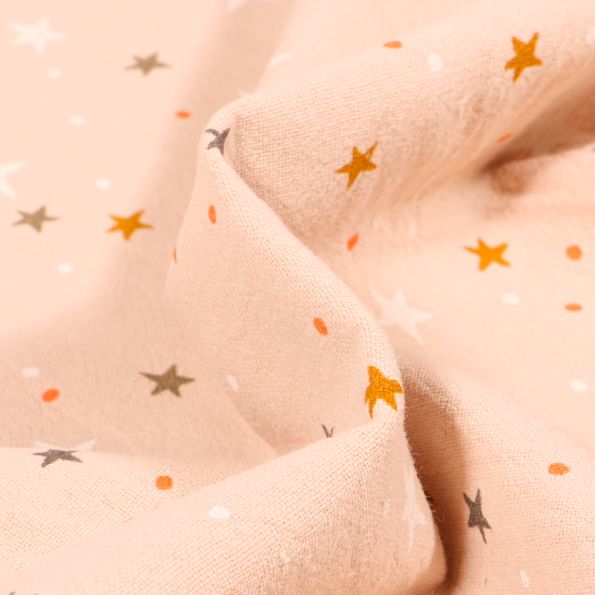 Tissu Coton lavé Etoiles et pois sur fond Beige - Par 10 cm