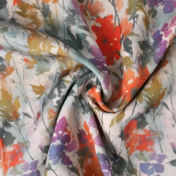 Tissu Viscose Nina fleurs Rouges sur fond Blanc cassé - Par 10 cm