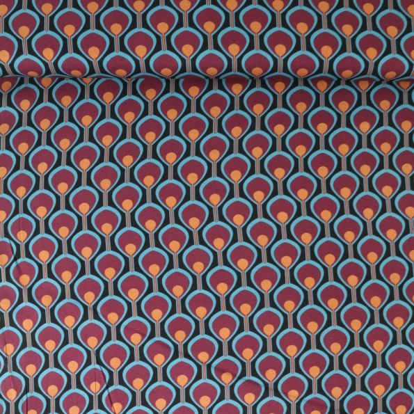 Tissu Viscose extensible Cléa œil de paon Bordeaux sur fond Noir profond - Par 10 cm