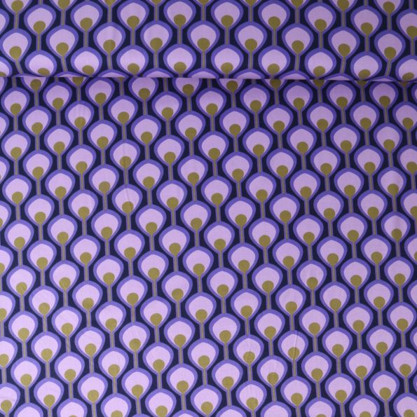 Tissu Viscose extensible Cléa œil de paon Mauve sur fond Bleu marine - Par 10 cm