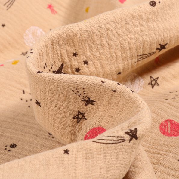 Tissu Double gaze Good night sur fond Beige - Par 10 cm