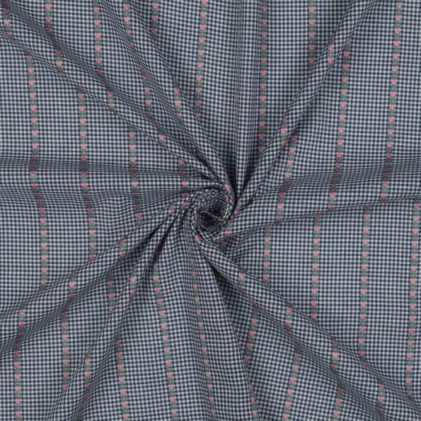 Tissu Voile de Coton imprimé Petits carreaux Bleu brodées de Roses sur fond Blanc - Par 10 cm