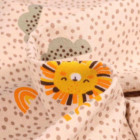 Tissu Coton Lavé Têtes de lion soleil sur fond Beige - Par 10 cm